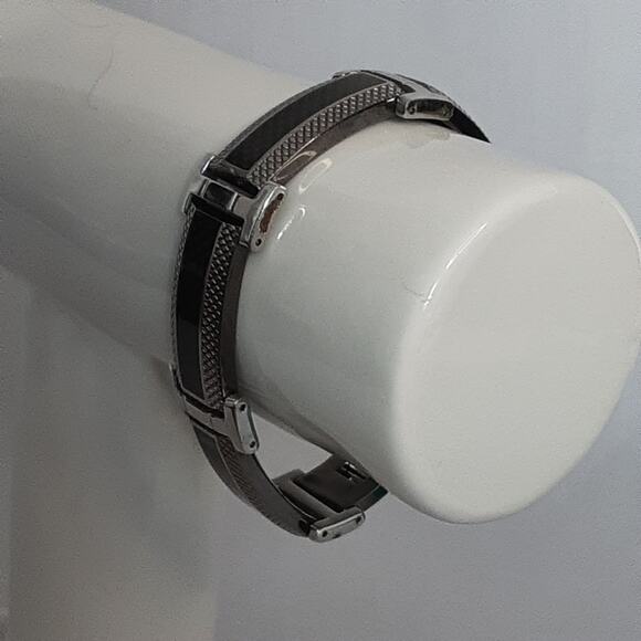 Heavy Duty Steel Bracelet And Black Long Panel Links Fold Over Clasp - Picture 3 of 7